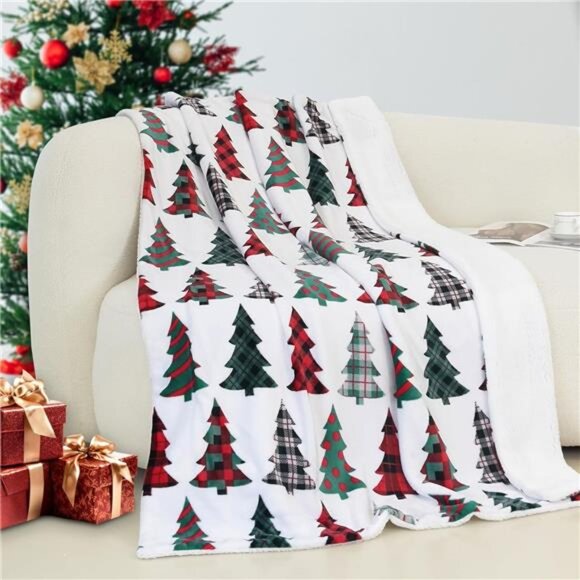 Elegant Comfort Reversible Sherpa Throw, Plush Flannel, 50x60, Plaid Christmas T - Picture 1 of 7